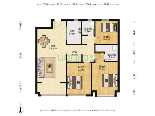 融创红岛壹号院 3室1厅2卫 120平方