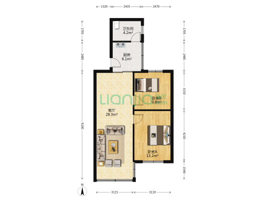 北新区路社区261号宿舍区 2室1厅1卫 76平方