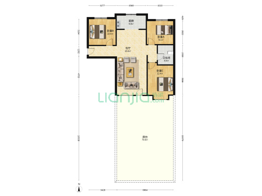 14号楼 一层带100平米院 南北通透3居F 毛坯 看房方便-户型图