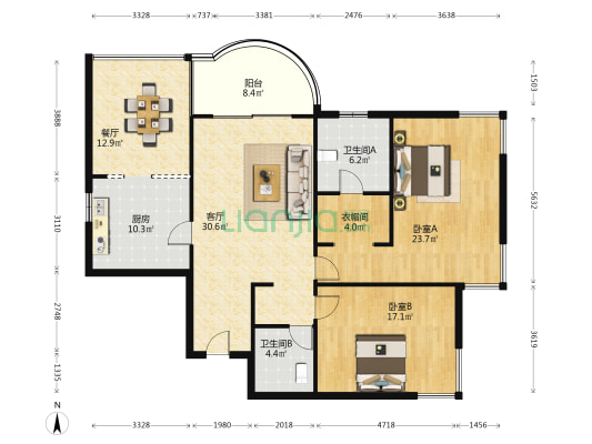 财富海景花园 2室2厅2卫 160平方