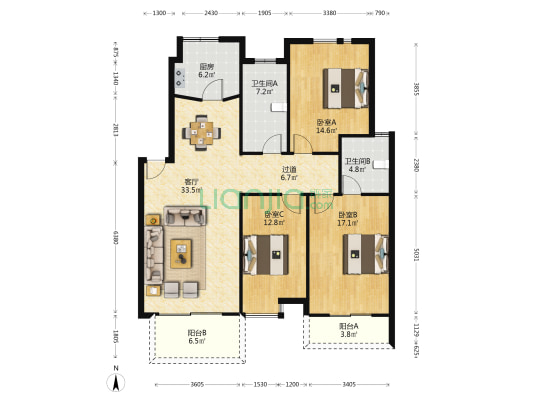 天胜花苑 3室1厅2卫 130平方