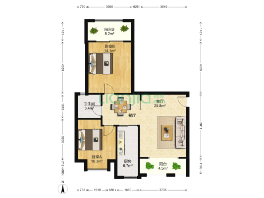 联发欣悦园 2室1厅1卫 89平方