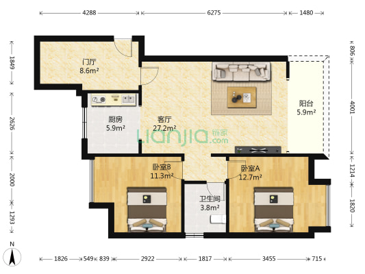 海宇香山翠谷 2室1厅1卫 78平方