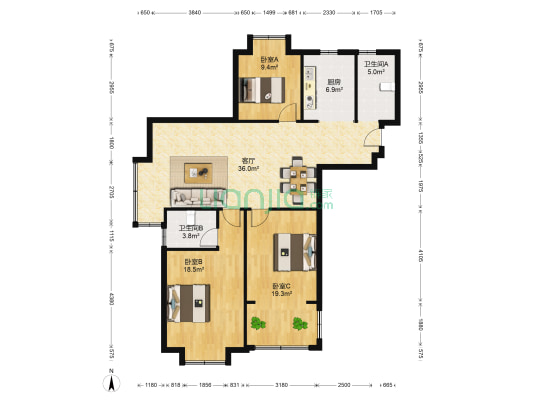 风尚自由城 3室1厅2卫 120平方