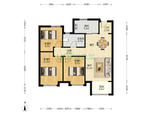 龙湖天璞 3室1厅1卫 97平方