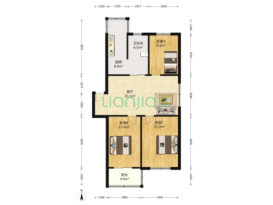 东方翡翠北苑 3室1厅1卫 93平方