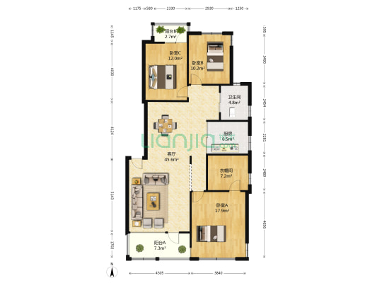 翠屏国际梧桐苑 3室1厅1卫 138平方