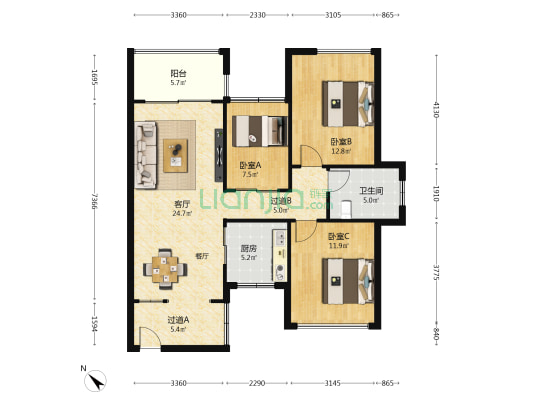 阳光里紫荆园 3室1厅1卫 79平方