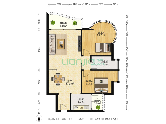 城市之光小区 2室1厅1卫 95平方