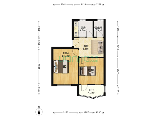 花园村 2室1厅1卫 54平方