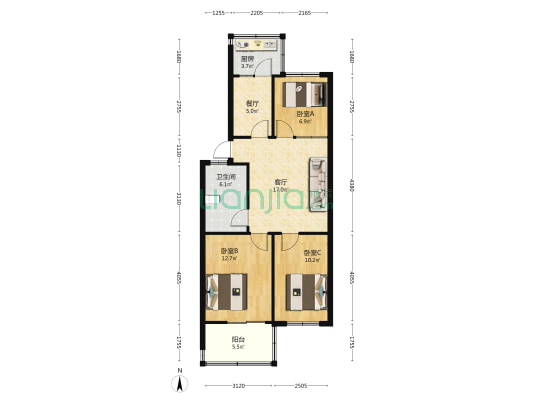贸易街甲117号院 3室2厅1卫 74平方