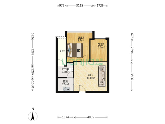 万润泰来大厦 2室1厅1卫 53平方