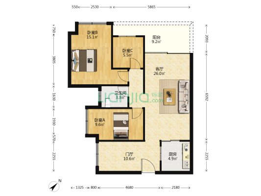 湖景湾东区 3室1厅1卫 93平方