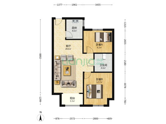 萱瑞新苑 2室1厅1卫 89平方