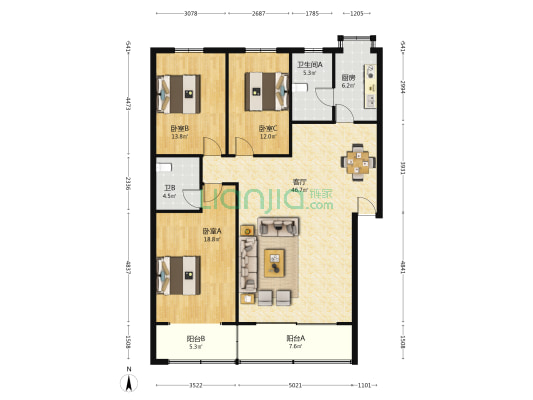 南天花园 3室1厅2卫 130平方