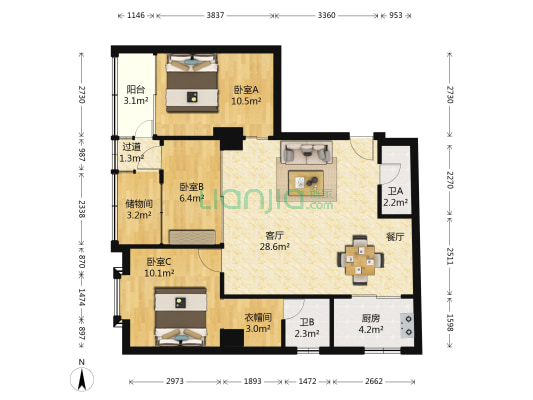 广东商业大厦 3室1厅2卫 106平方