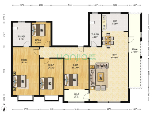 高创公寓 4室1厅2卫 213平方