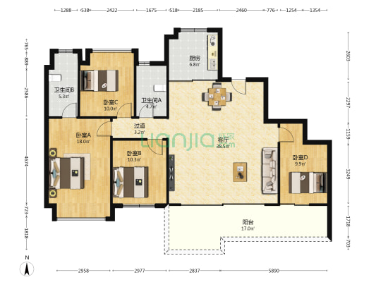 玺宸上院 4室1厅2卫 143平方