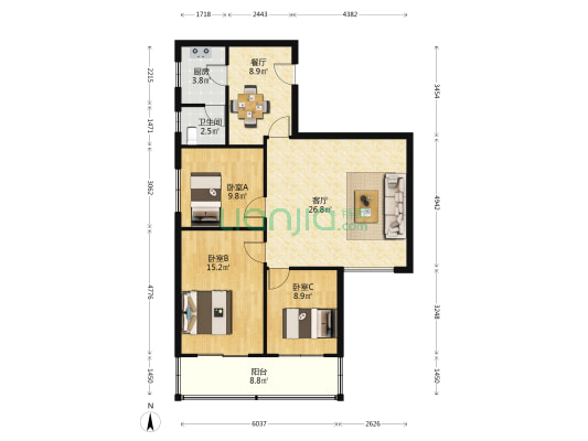 海利集团化工宿舍 3室2厅1卫 106平方