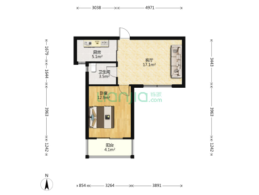 金山水城三区 1室1厅1卫 58平方