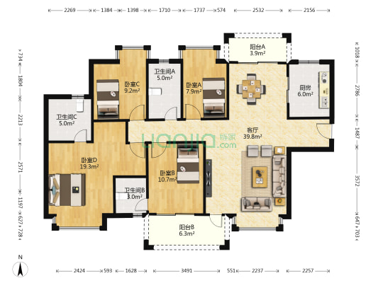 海德骏园 4室1厅3卫 141平方