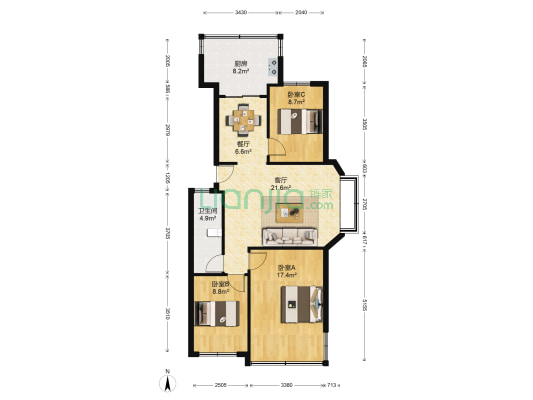 康复路小区 3室2厅1卫 89平方