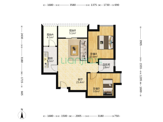 骏涛华府 2室1厅1卫 73平方