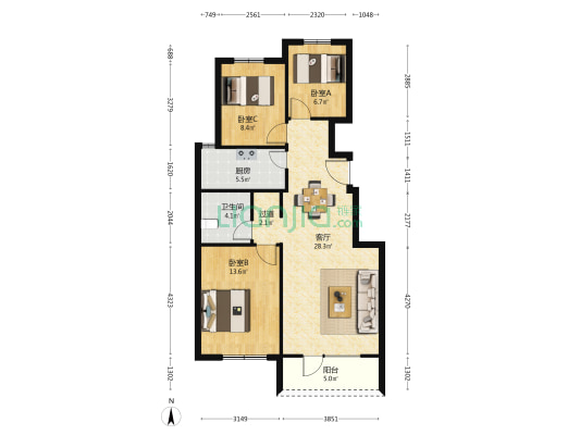 空港家园 3室1厅1卫 89平方