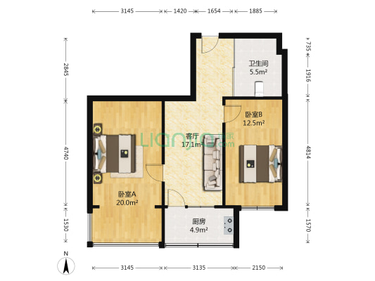 中新花园 2室1厅1卫 76平方