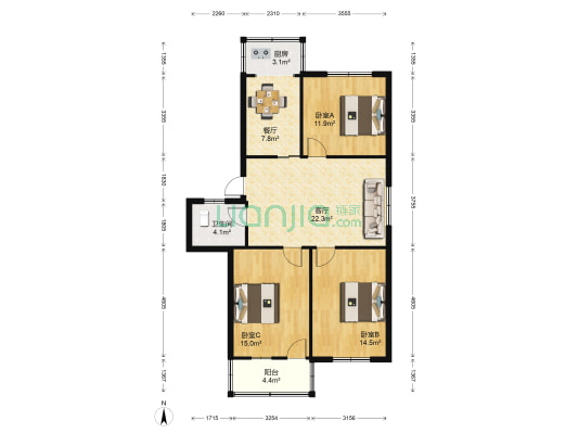 曲园小区 3室2厅1卫 98平方