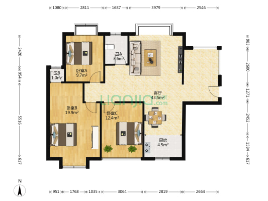 万象凯旋湾 3室1厅2卫 115平方
