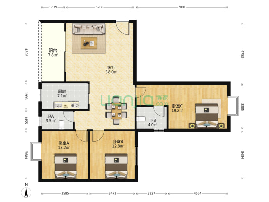 和庆花园 3室1厅2卫 128平方