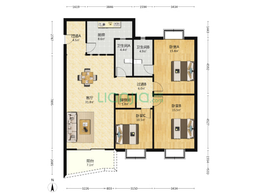 松渝星都花园A区 3室1厅2卫 129平方