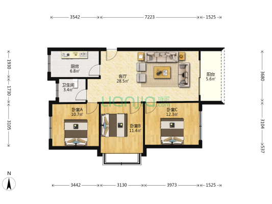 岳家湖天阅 3室1厅1卫 97平方