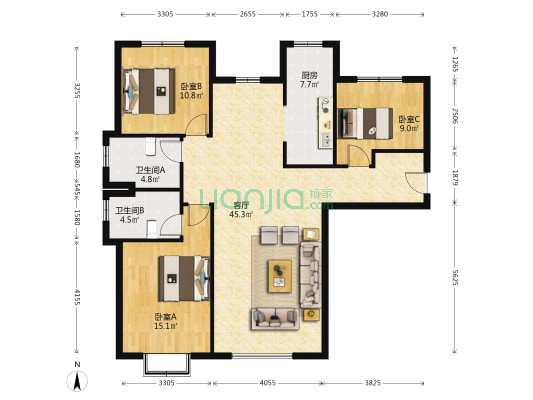 南北通三居，毛坯随意装修，采光充足-户型图