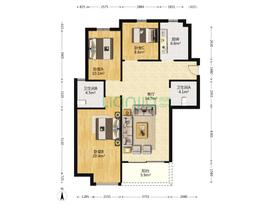 臻缘苑 3室1厅2卫 119平方