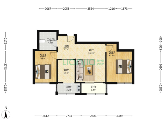 广仁家园 2室2厅1卫 90平方