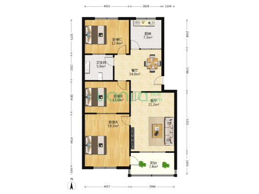 民政局宿舍 3室2厅1卫 119平方