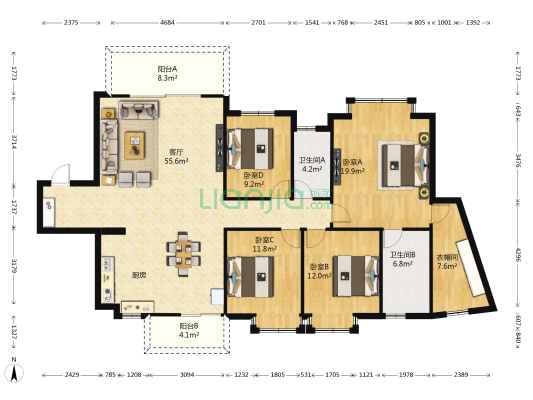 现代花园二区 4室1厅2卫 161平方