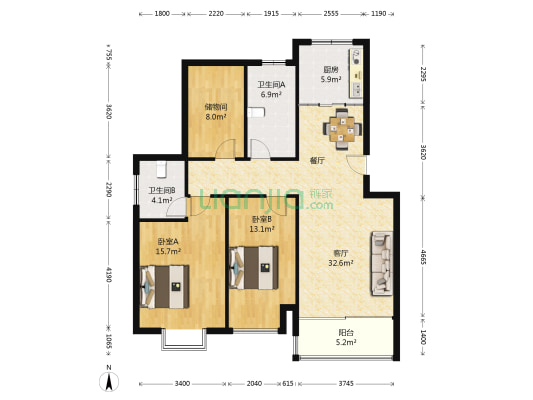 广城尚书房 2室1厅2卫 120平方
