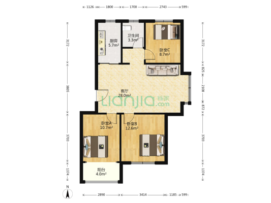 小台后社区 3室1厅1卫 91平方