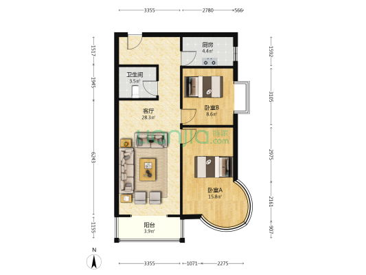 房本满五唯一 采光视野好 圆弧飘窗 诚意出售-户型图
