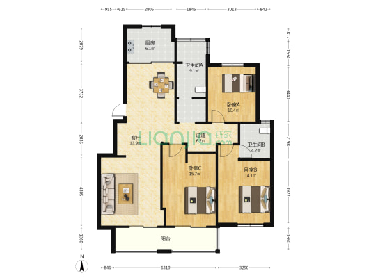 航杨新村 3室1厅2卫 139平方