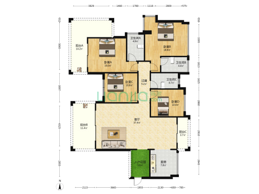 海都文化广场 4室1厅3卫 157平方