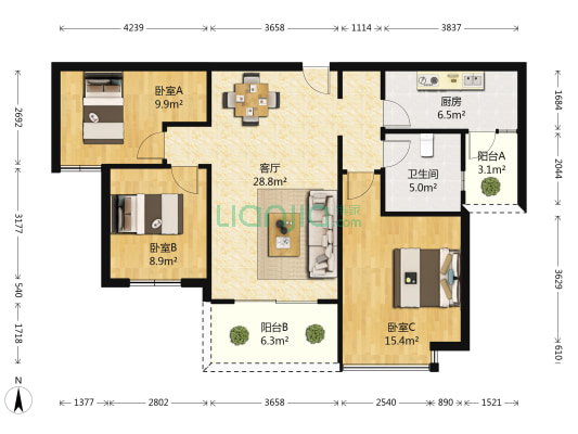 恒大绿洲 3室1厅1卫 104平方
