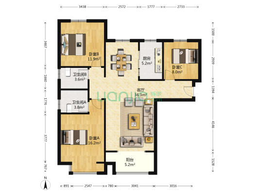 阳光城9号院 3室1厅2卫 128平方