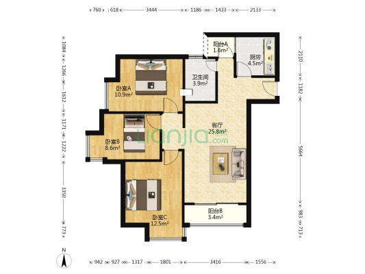 和泰家园350号 3室1厅1卫 94平方