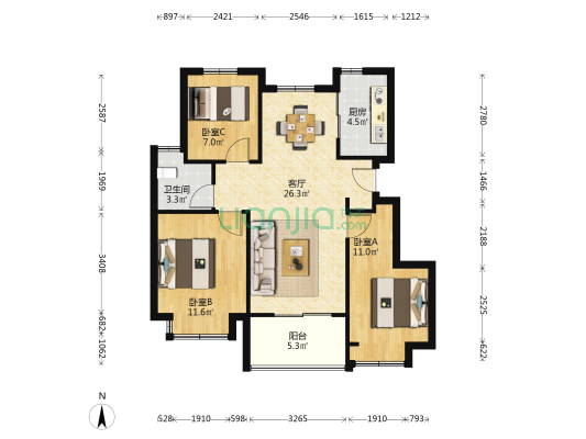 时光泊月 3室1厅1卫 86平方