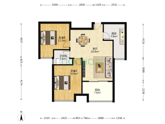 林隐天下一期 2室1厅1卫 85平方