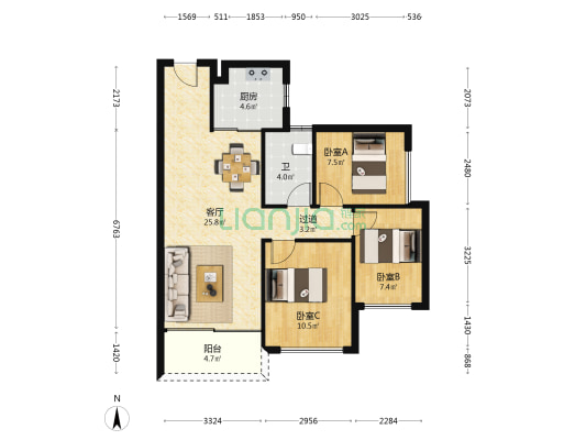 云麓花园 3室1厅1卫 85平方